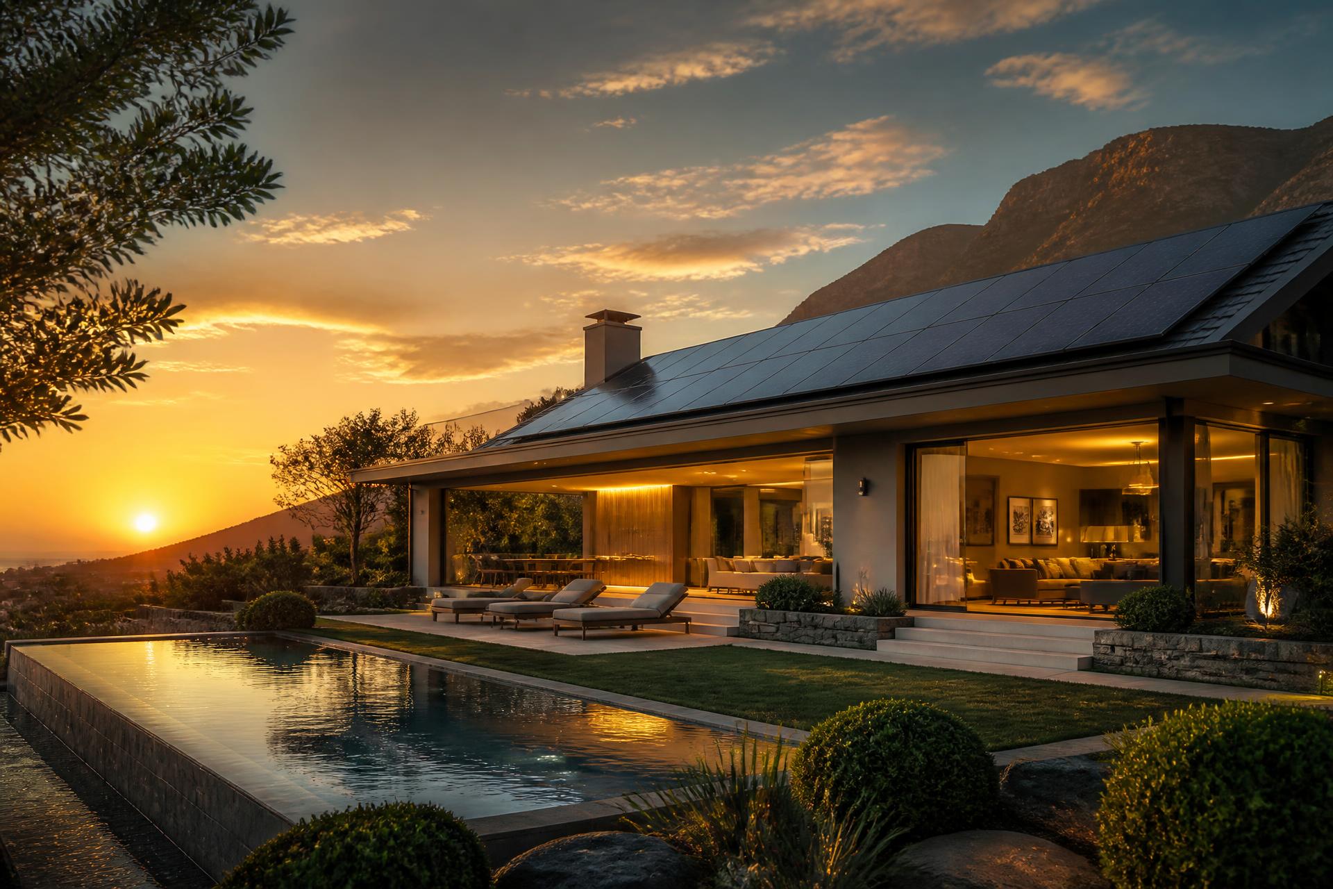 Luxury home with rooftop solar at golden hour